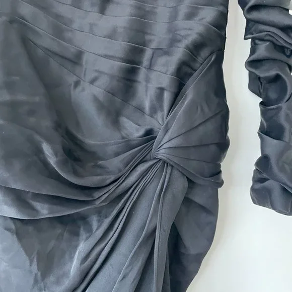 Khaite Shawna Ruched Satin Crepe Midi Dress Black High Slit Square Neckline - Picture 10 of 15